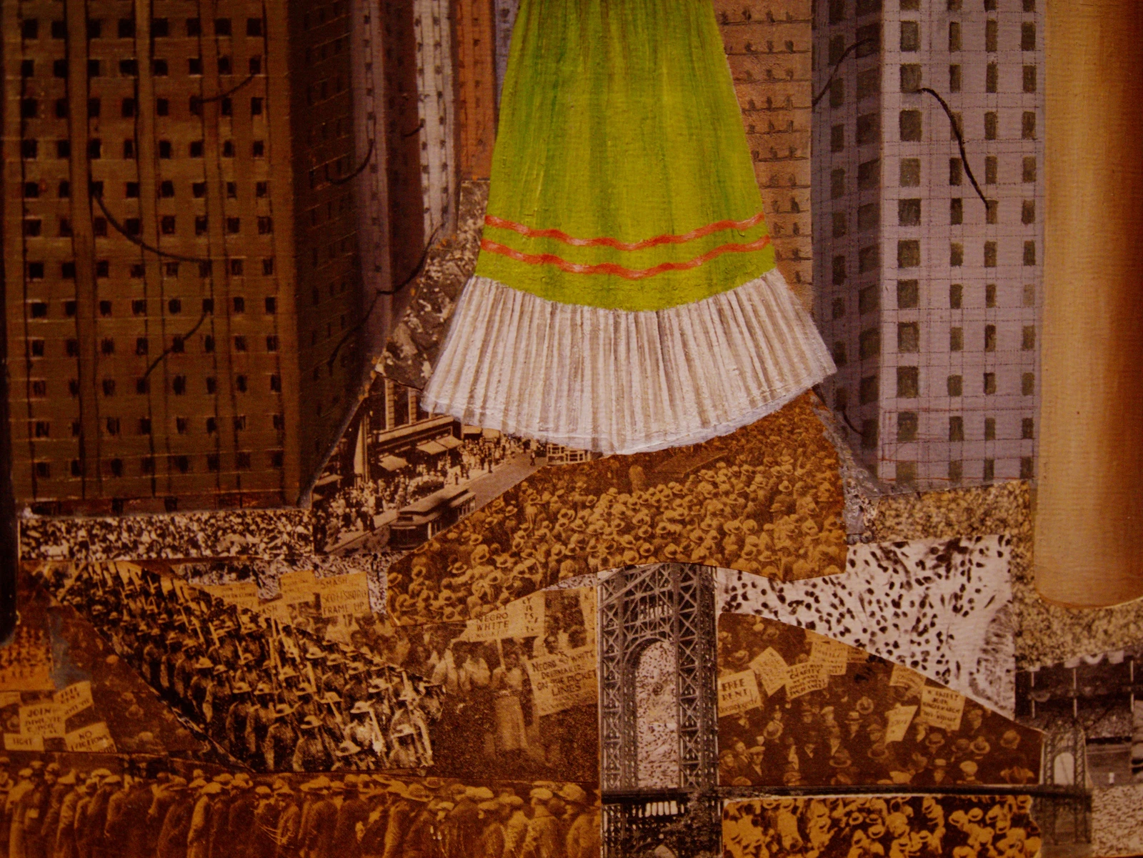 Close-up of Where My Dress Hangs showing newspaper collage of crowds